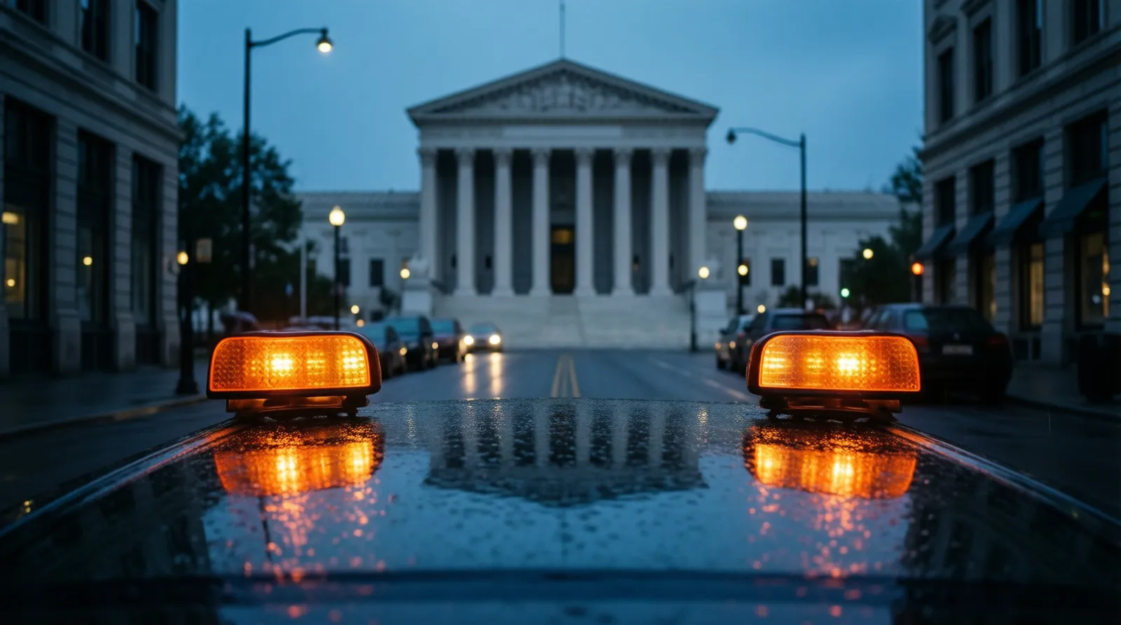 City street at blue hour with amber hazard lights reflected on wet asphalt and a courthouse in the background (illustration)