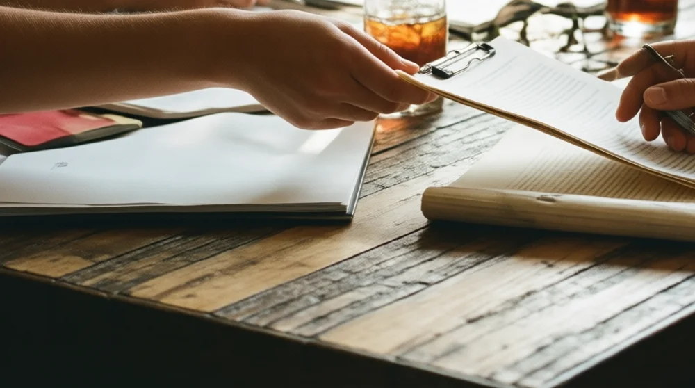 Hands passing papers across a wooden desk during a consultation