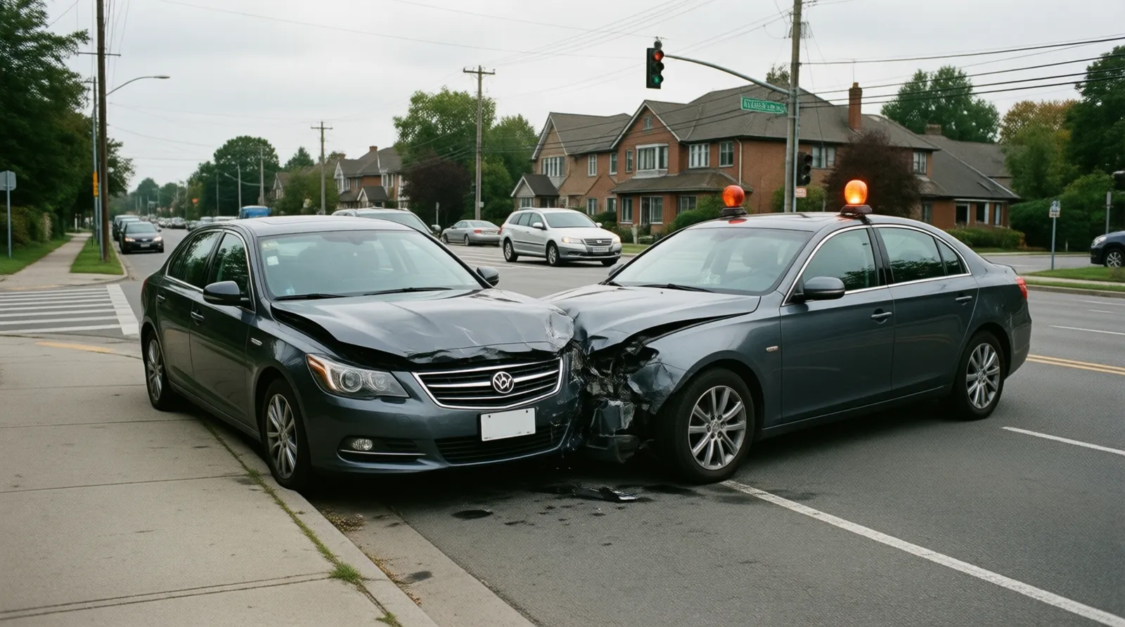 Two sedans stopped at a suburban intersection after a minor collision (illustration)