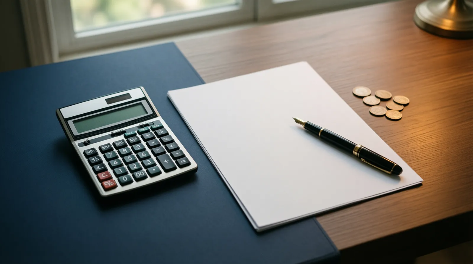 Calculator, pen, blank document and coins on a desk (illustration)