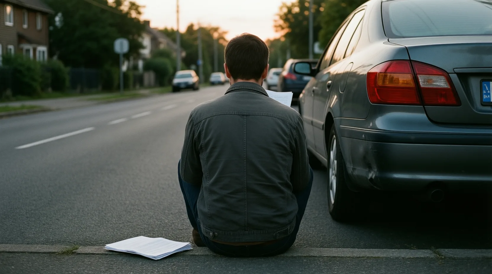 Person sitting on a curb beside a car with a dented bumper, reading a document