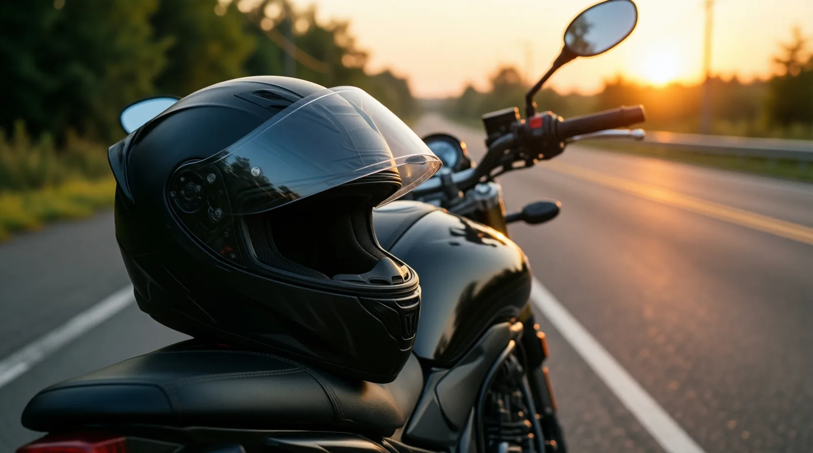 Full-face motorcycle helmet resting on a parked motorcycle at sunset