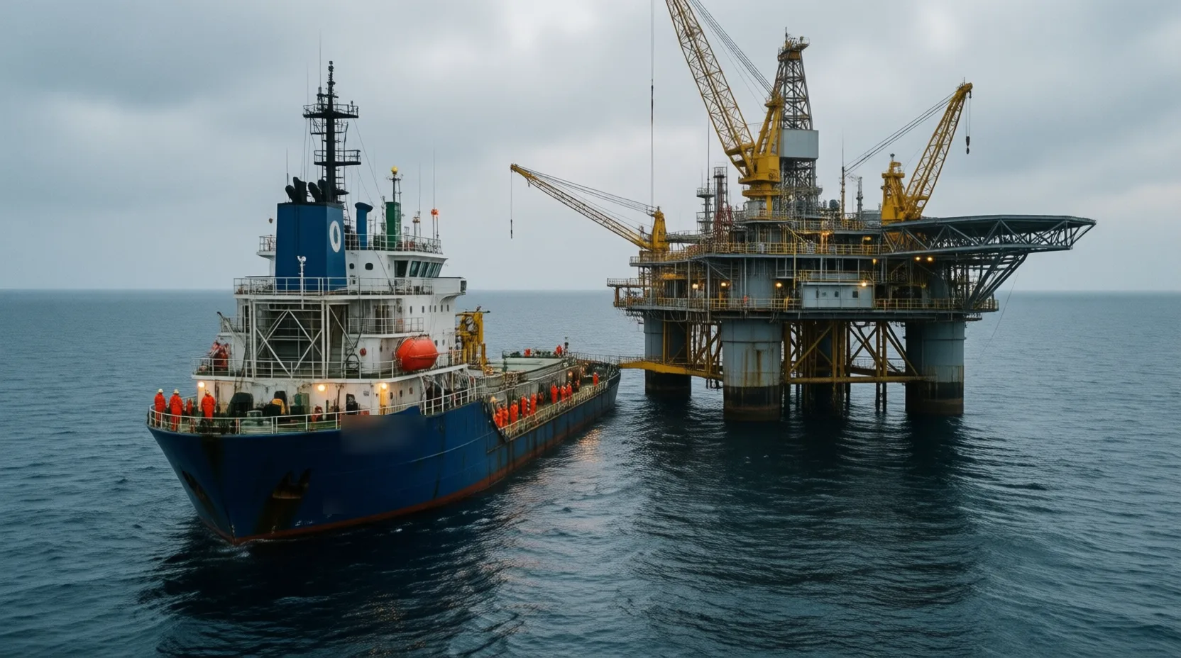 Offshore supply vessel next to an oil platform at sea, crew in orange coveralls on deck