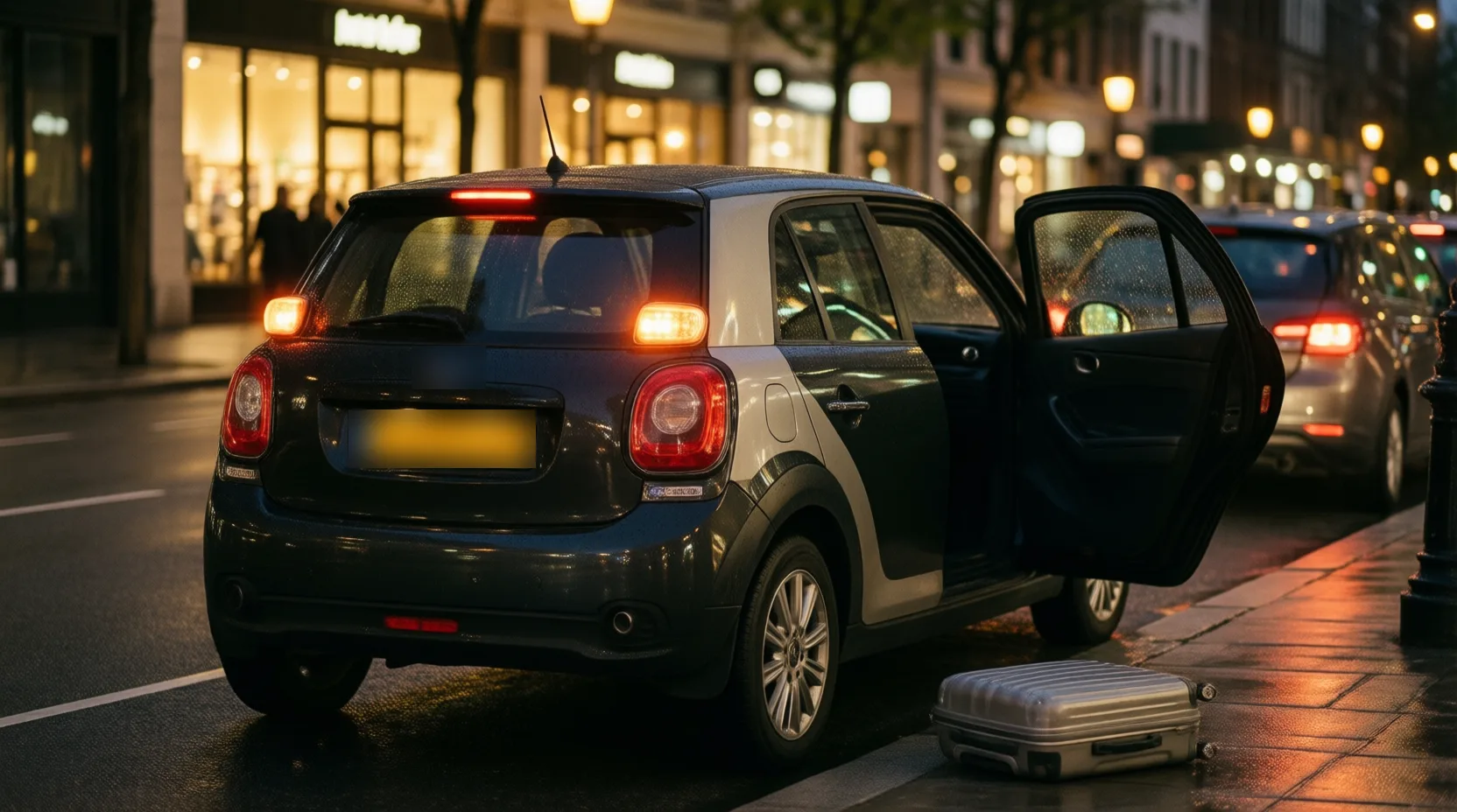 Compact car stopped at a city curb at night with its rear passenger door open and a suitcase on the sidewalk