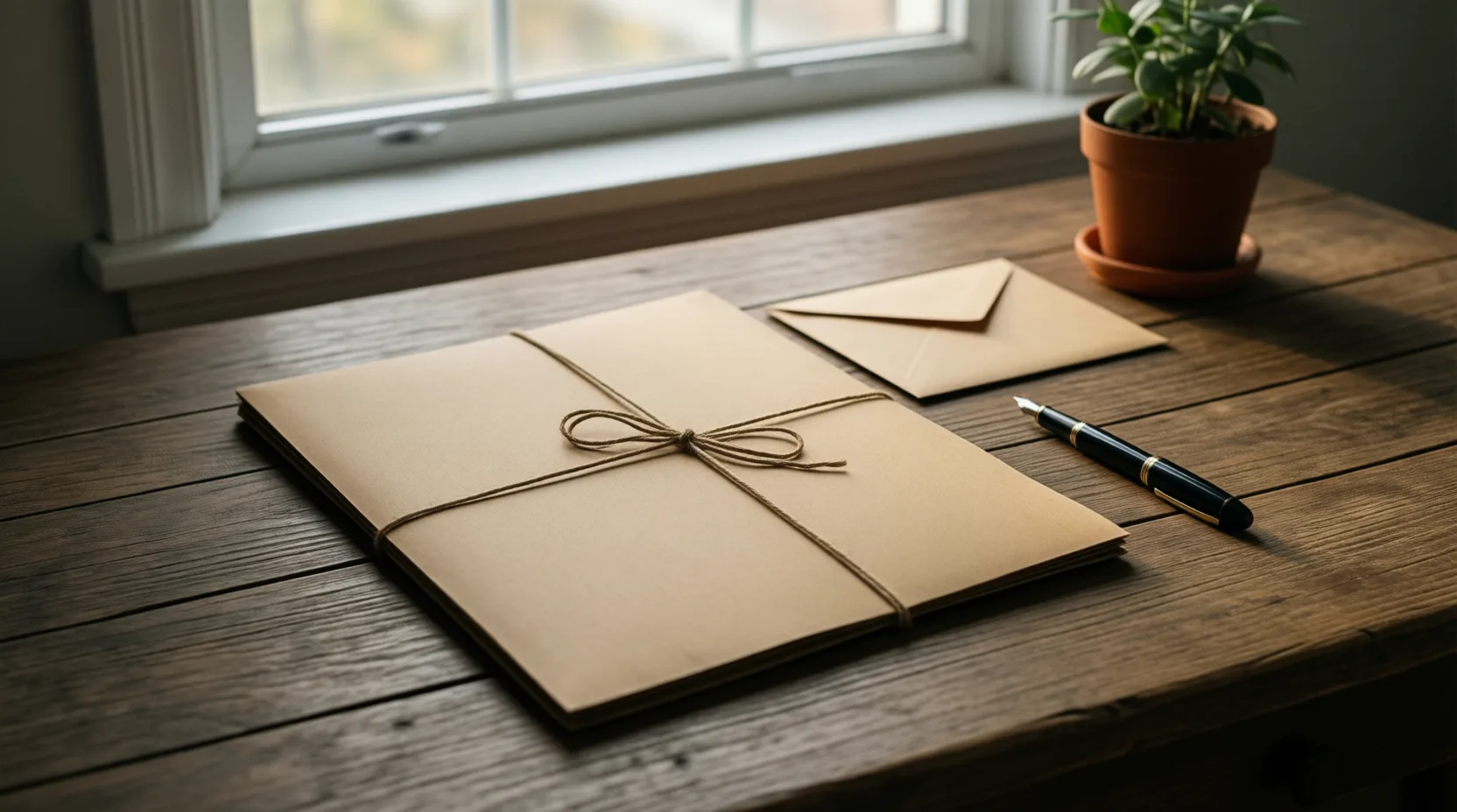 Folder tied with string, an envelope and a fountain pen on a wooden desk