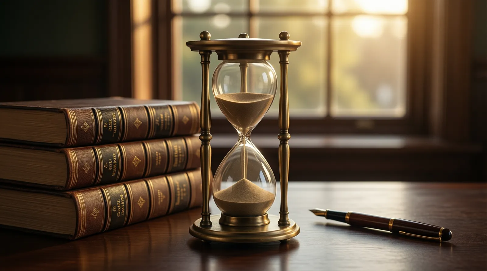 Brass hourglass beside leather-bound law books on a wooden desk (illustration)