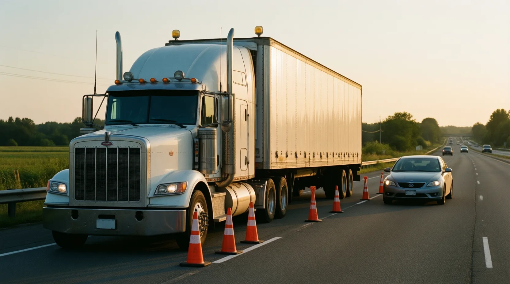 Semi-truck stopped on a highway with traffic cones and a passenger car behind it