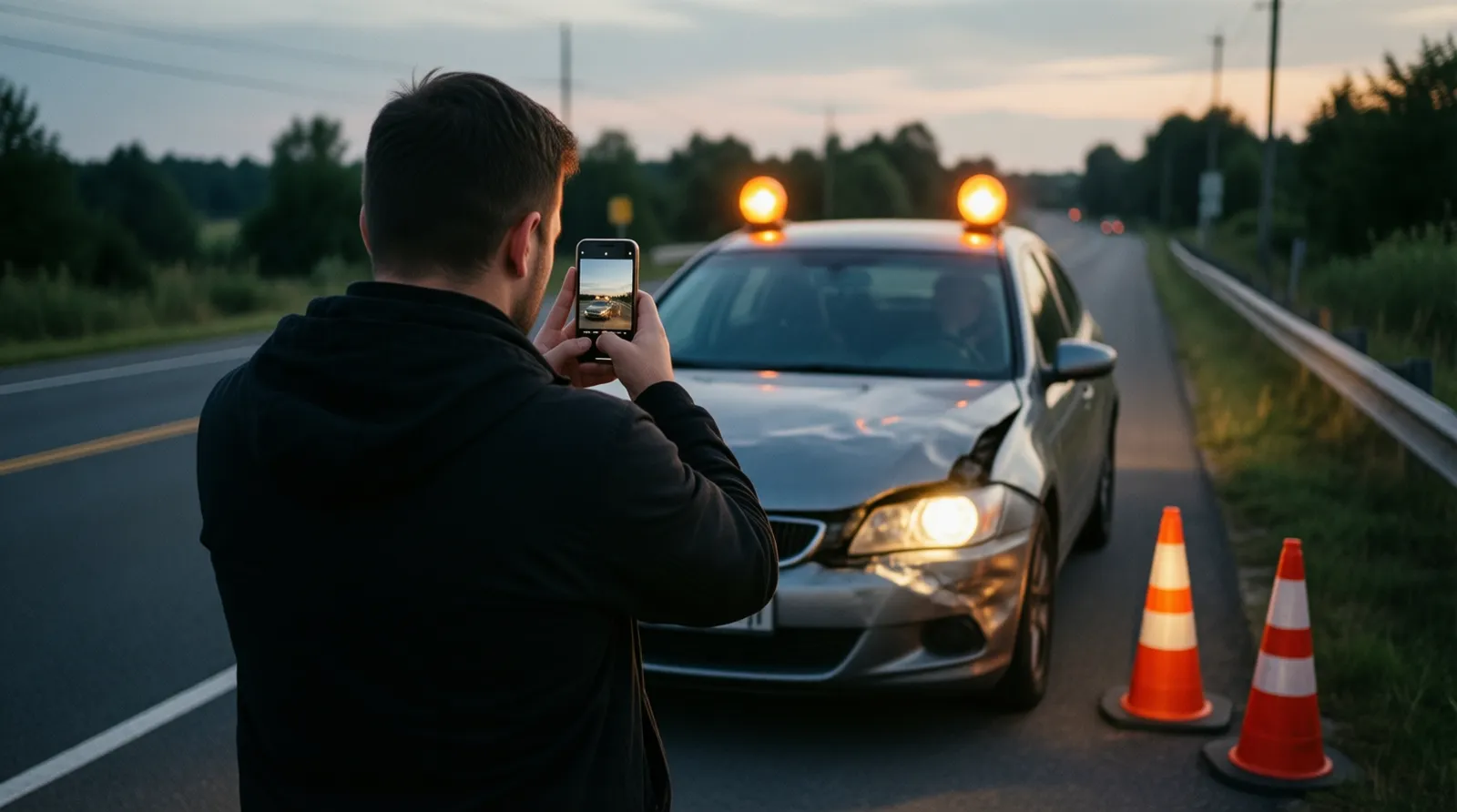 Driver photographing a dented car bumper on the road shoulder at dusk, hazard lights on (illustration)