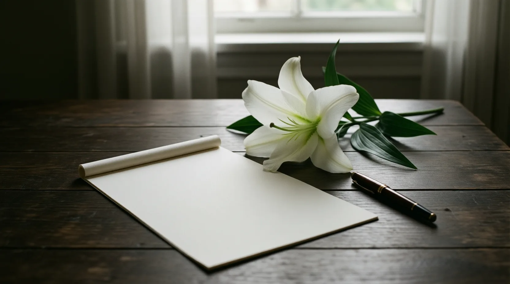 White lily beside a blank document and a fountain pen on a wooden table
